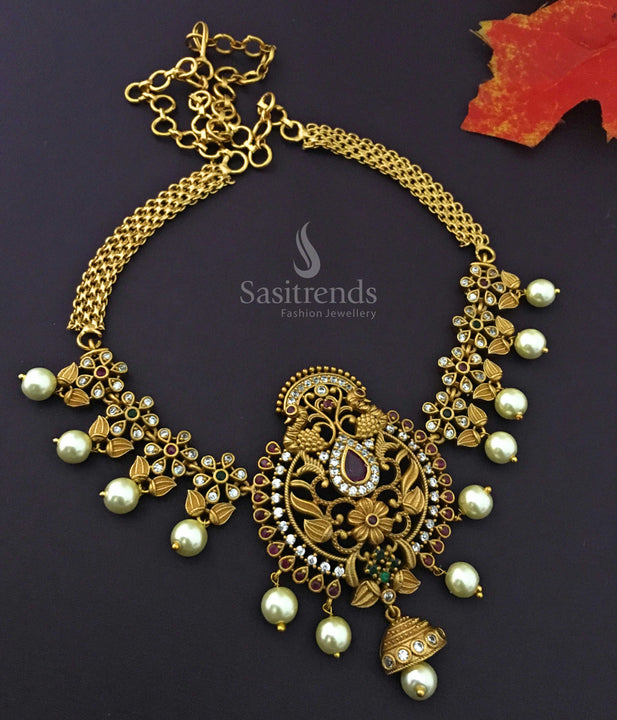 Temple Matte Gold Plated Flower Choker Jewellery Set with Peacock Designer Jhumka | Sasitrends