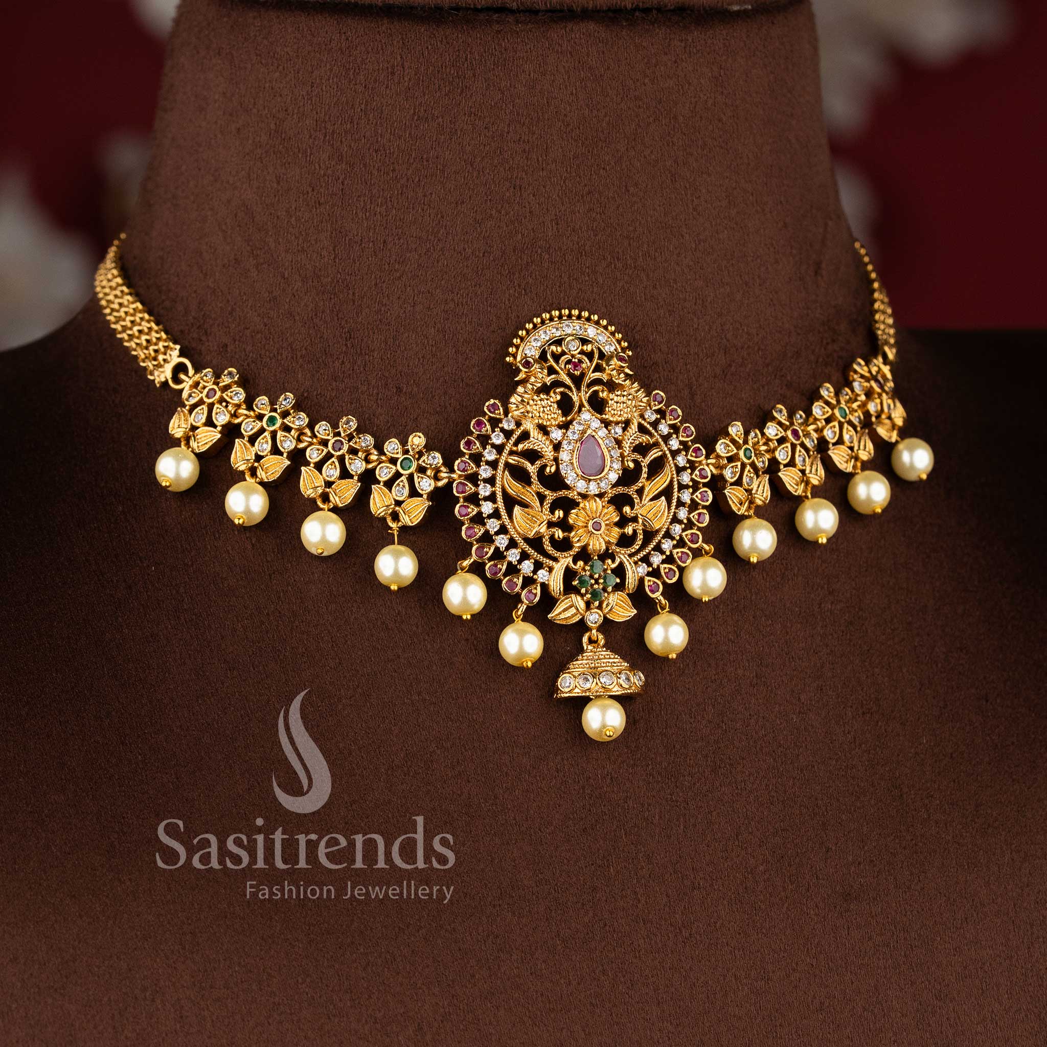 Traditional matte gold peacock floral choker necklace set with American diamond stones for women