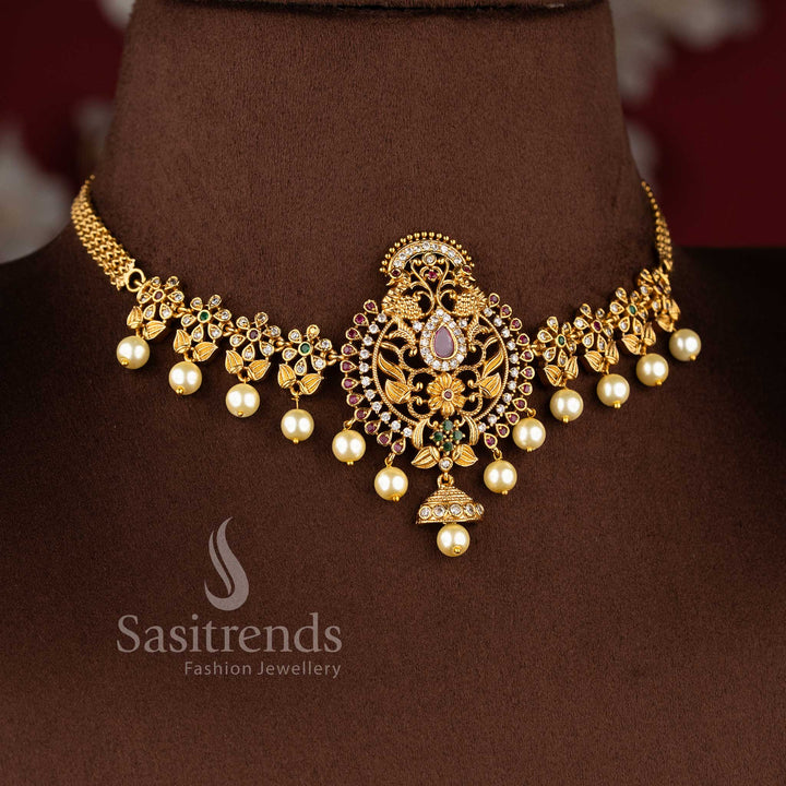 Traditional matte gold peacock floral choker necklace set with American diamond stones for women