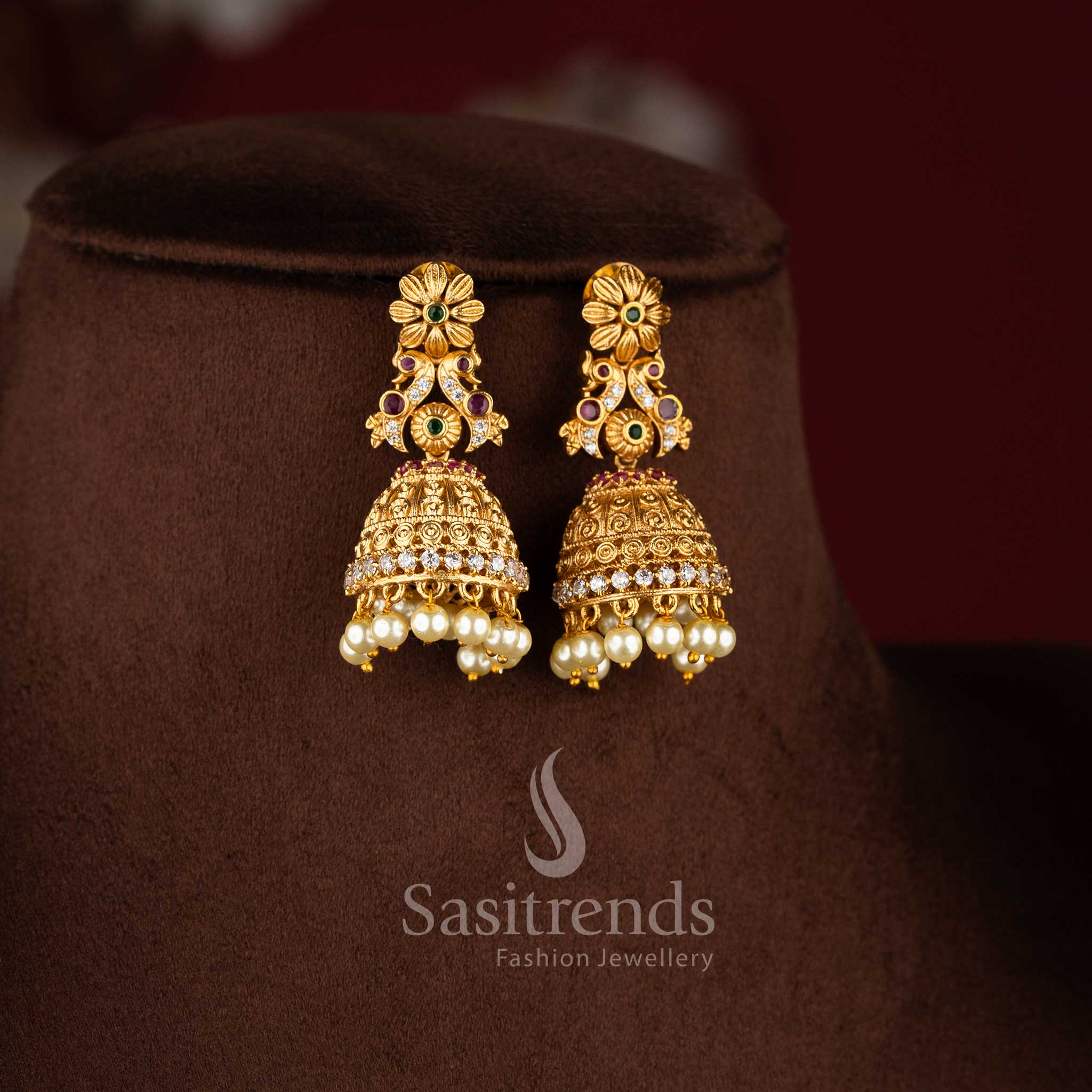 Beautiful matte gold plated AD stone studded peacock floral choker necklace jewellery set by Sasitrends.