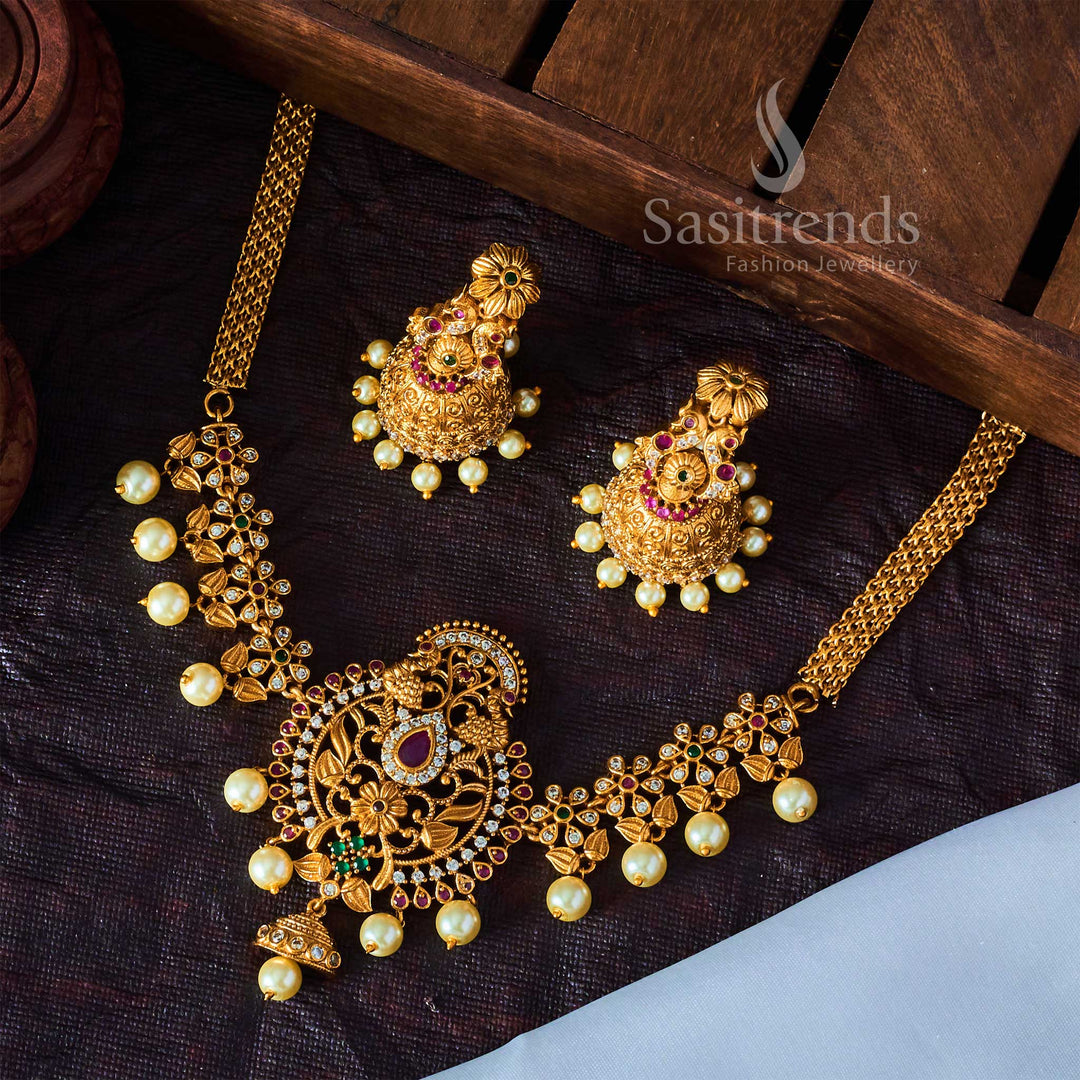 Grand Temple Jewellery Set featuring a peacock filigree choker with AD stones and shell pearl drops - Sasitrends