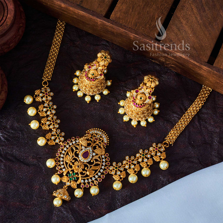 Grand Temple Jewellery Set featuring a peacock filigree choker with AD stones and shell pearl drops - Sasitrends