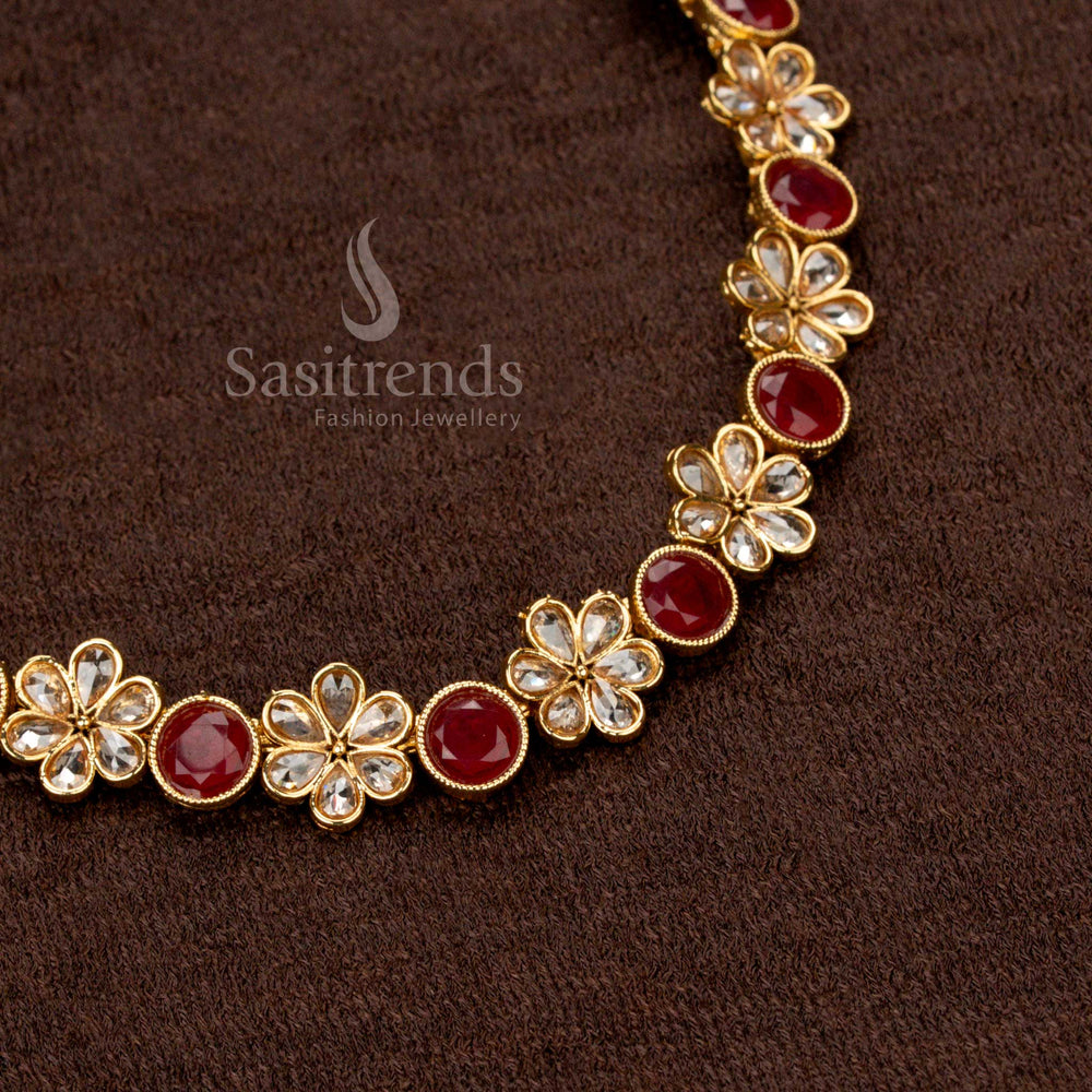 Grand antique gold-plated traditional festive jewellery necklace set, beautifully designed with ruby American Diamond Kundan Monalisa stones for a regal ethnic look - Sasitrends