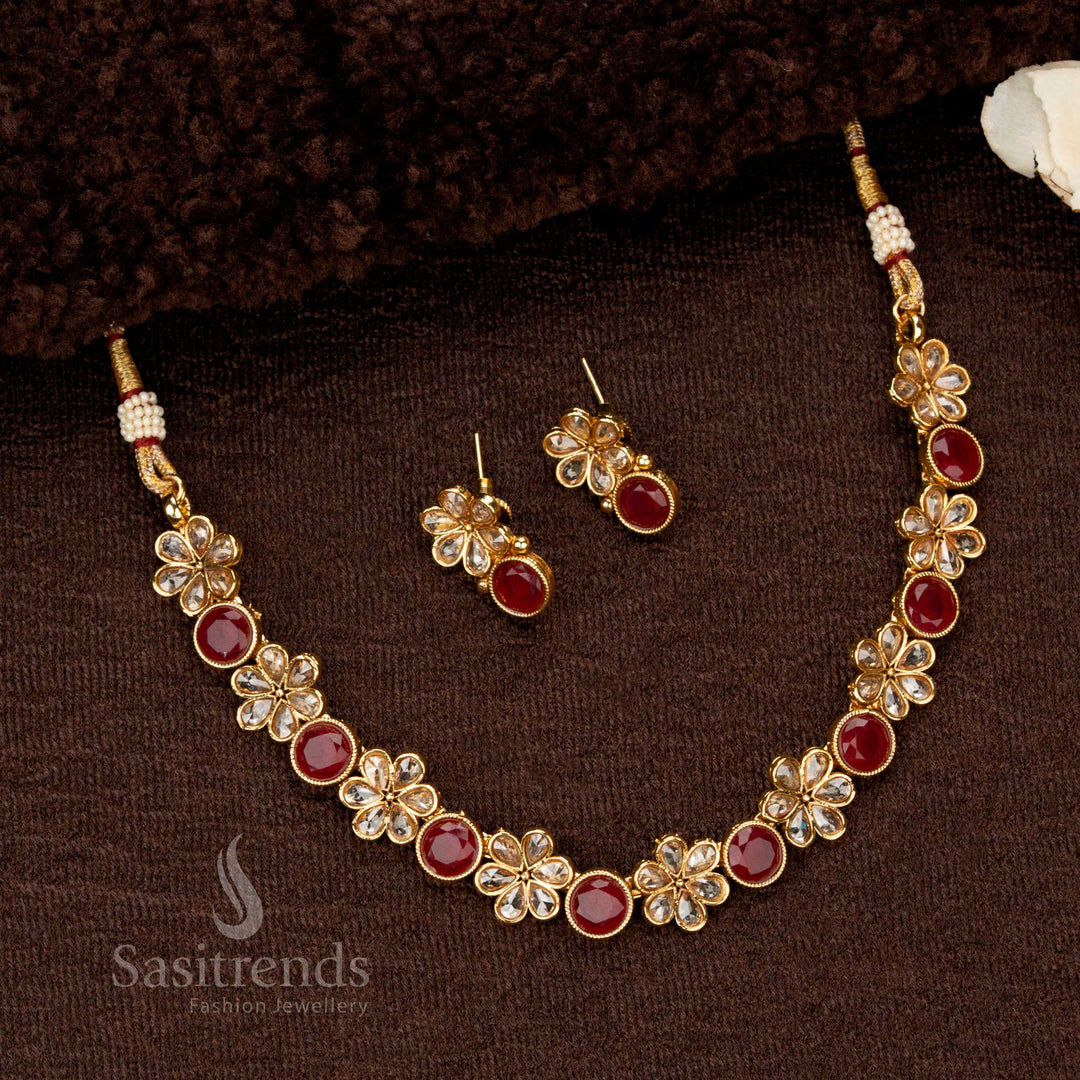 Majestic and ornate antique gold-plated wedding jewellery necklace set, exquisitely adorned with ruby Monalisa Kundan American Diamond stones, perfect for traditional festive wear - Sasitrends