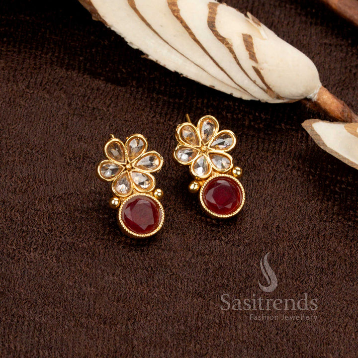 Elegant handcrafted festive jewellery necklace set featuring a mesmerizing ruby Kundan American Diamond Monalisa stone design, enhanced with an antique gold finish for a classic touch - Sasitrends