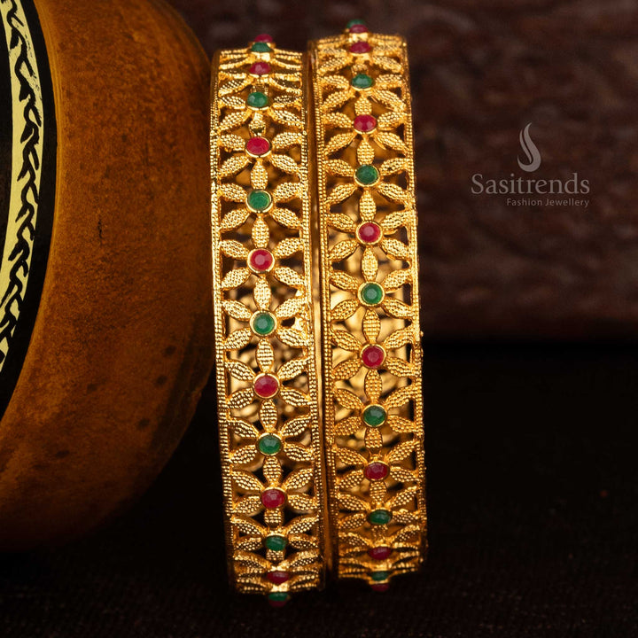 Intricate temple bangles with pearls and matte gold finish - Sasitrends