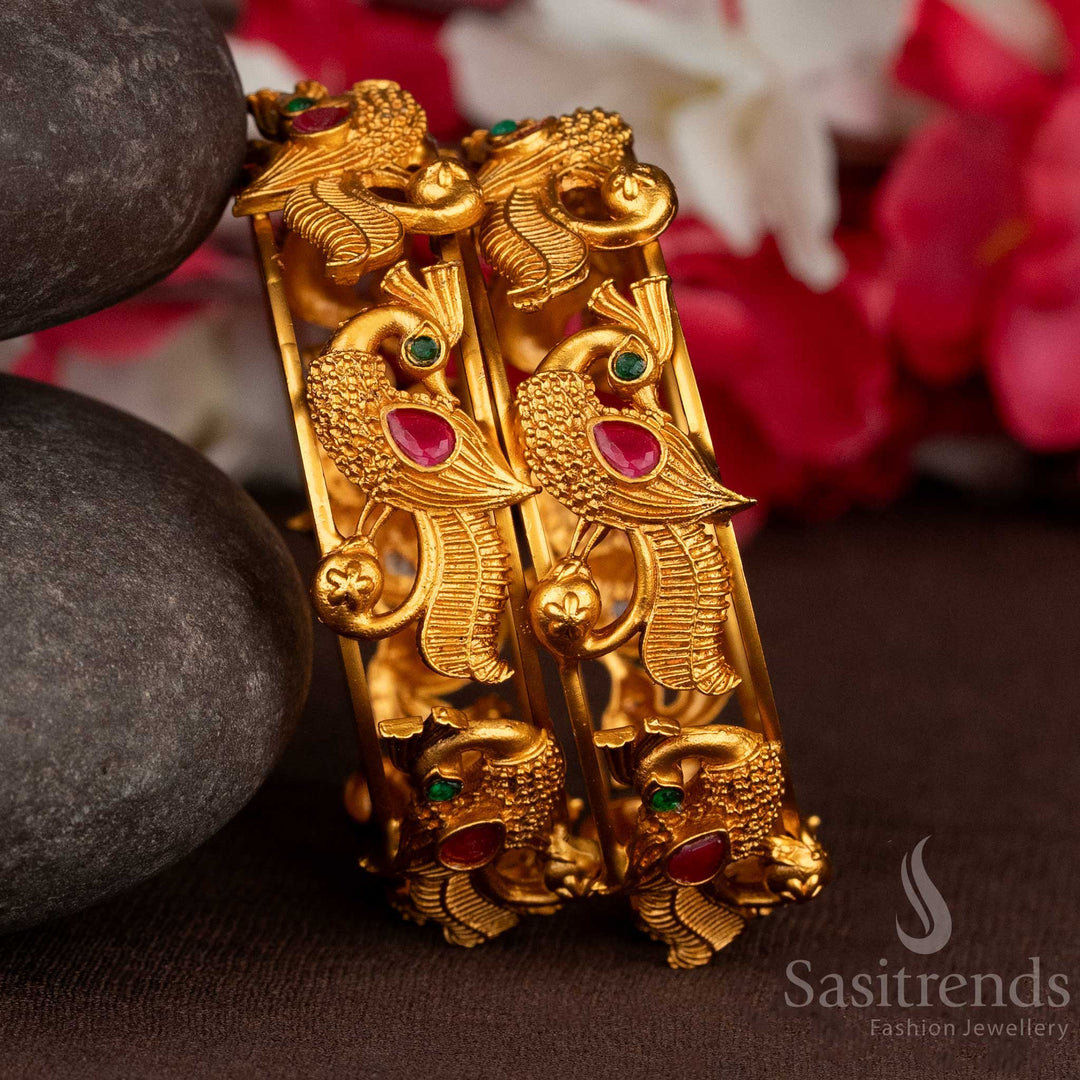 Temple wear classic matte gold plated peacock ruby green stone bangles - Sasitrends