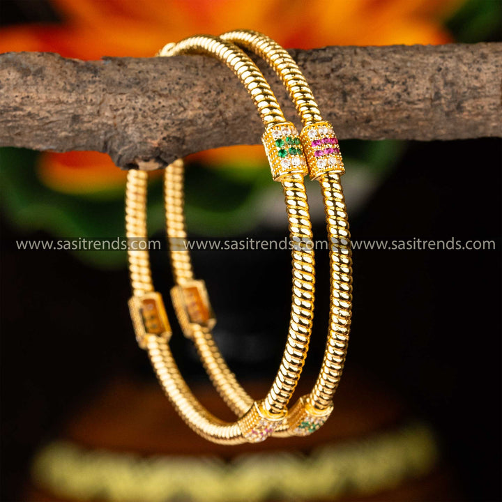 Temple Wear Micro Gold Plated Guaranteed Multi AD Stone Studded Designer Bangles Sasitrends Online Shopping