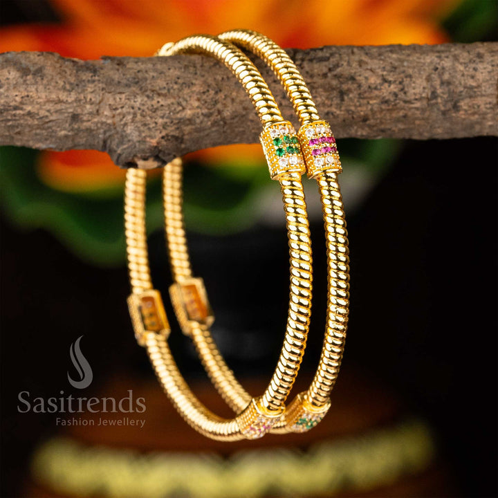 Temple Wear Micro Gold Plated Guaranteed Multi AD Stone Studded Designer Bangles Sasitrends Online Shopping