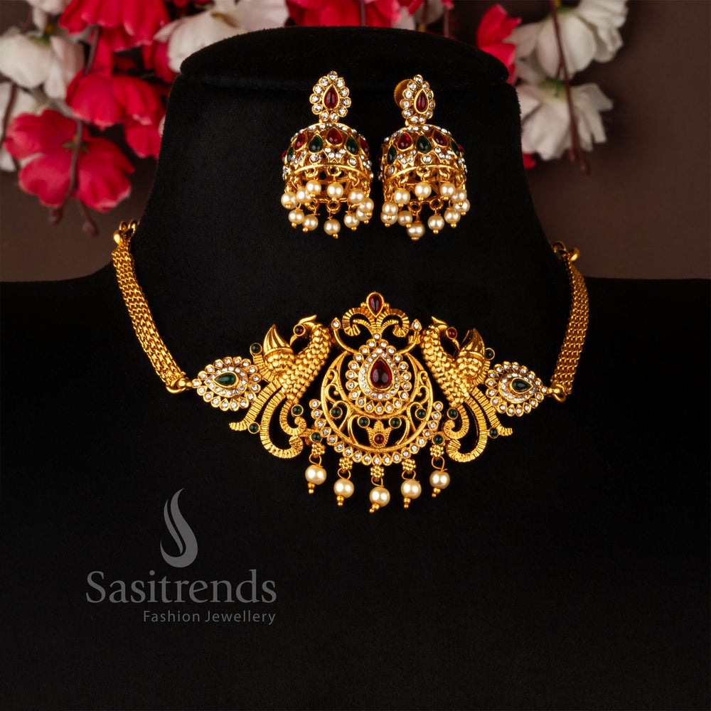 Grand heritage-inspired temple choker necklace in matte gold, showcasing multi-color American diamonds in an artistic peacock and flower design - Sasitrends
