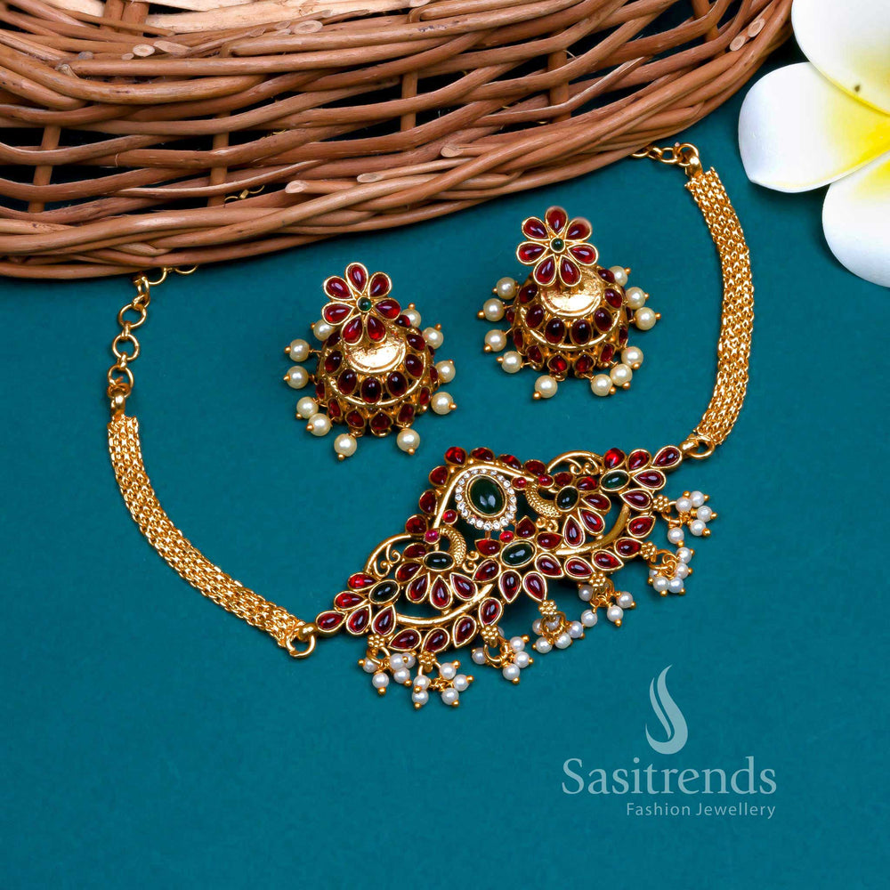 Classic snow peacock matte gold plated white-pearl stone floral choker jewellery set with peacock motifs and pearl detailing for festive elegance – Sasitrends