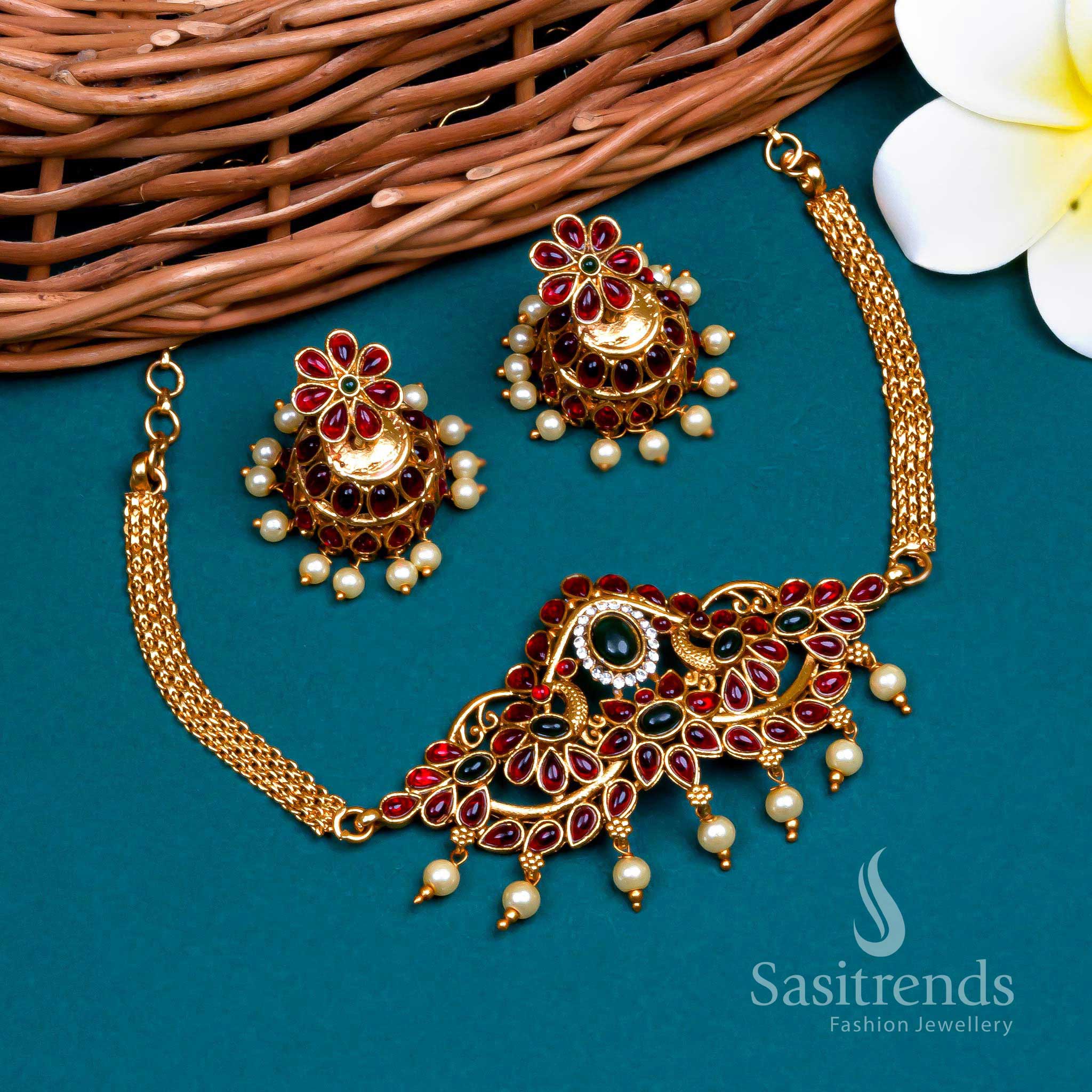 Classic ivory heritage matte gold plated white-pearl stone peacock choker jewellery set enriched with pearl accents for festive elegance and traditional functions – Sasitrends