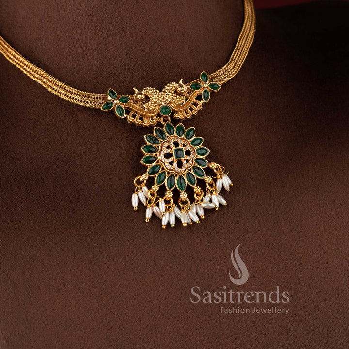 Rich traditional look classic matte gold multi-strand choker for grand silk sarees.