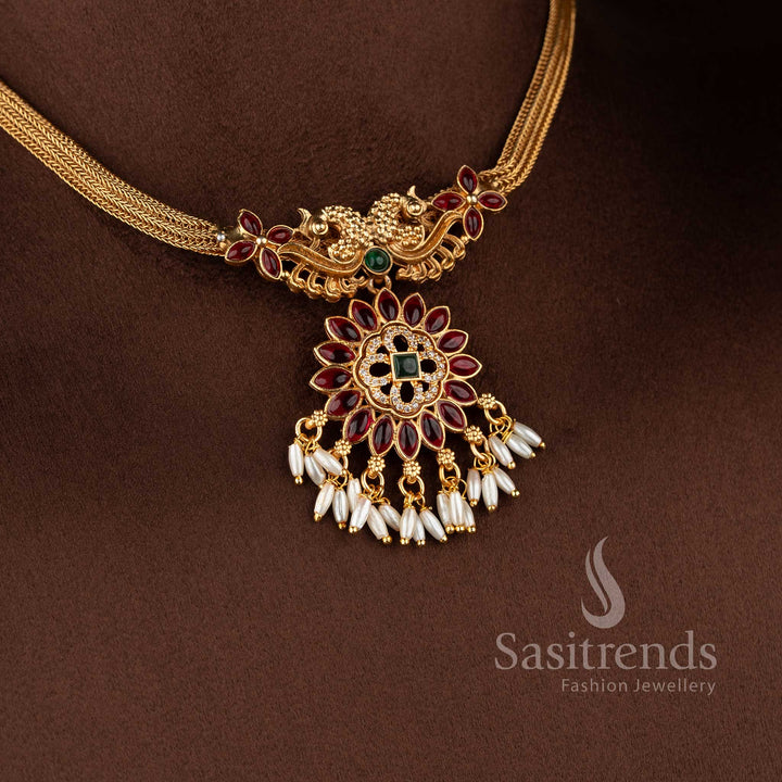Elegant classic matte gold starburst pendant with matching rice pearl jhumkas - Sasitrends