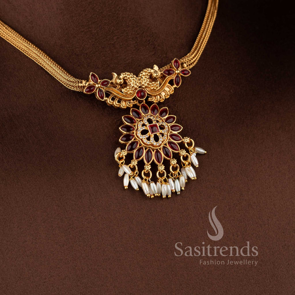 Stylish Sasitrends wedding jewellery set featuring twin peacock motifs and rice pearls in matte finish.