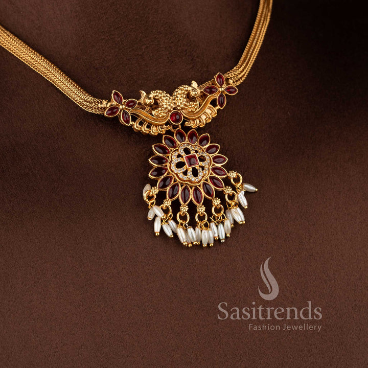 Stylish Sasitrends wedding jewellery set featuring twin peacock motifs and rice pearls in matte finish.