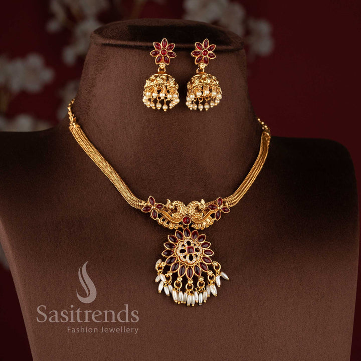 Classic Matte Gold Plated Twin Peacock Starburst Choker with Jhumka Necklace Jewellery Set - Sasitrends