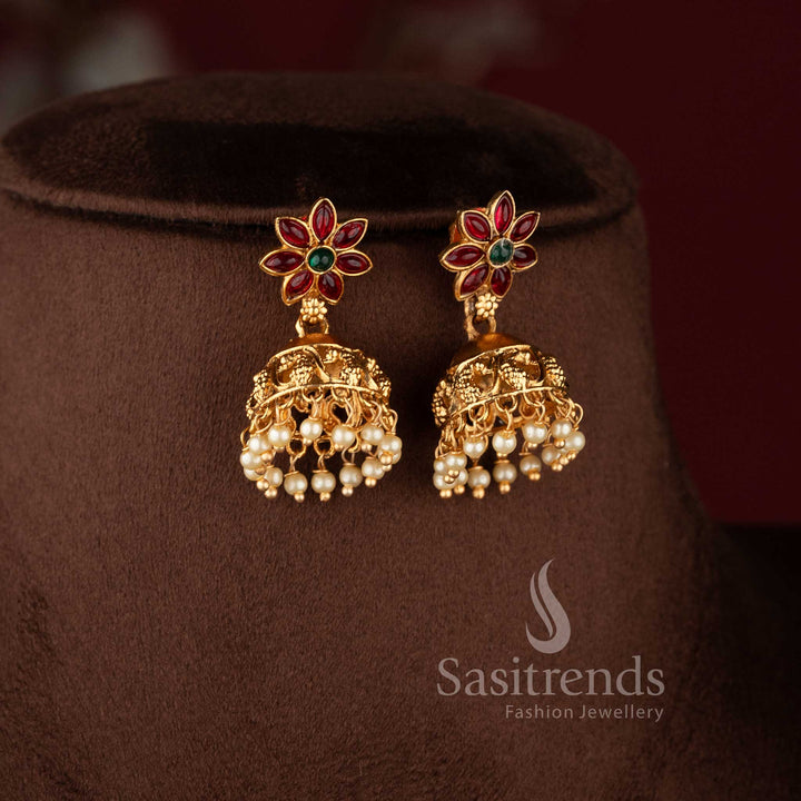 Elegant classic matte gold starburst pendant with matching rice pearl jhumkas - Sasitrends