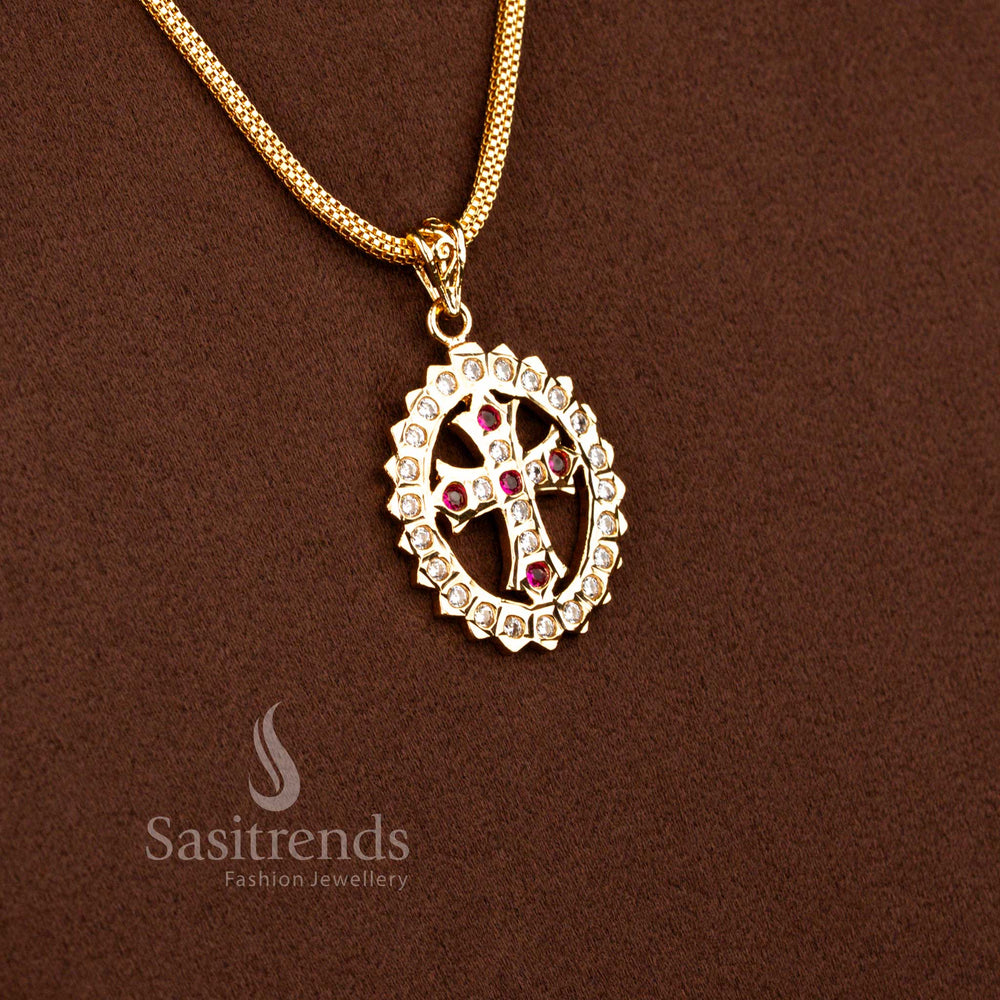 Impon Addigai Micro Gold Plated Christ Cross Pendant with Oval AD Stone Frame and Structured 24 Inch Box Chain | Traditional Devotional Jewellery - Sasitrends