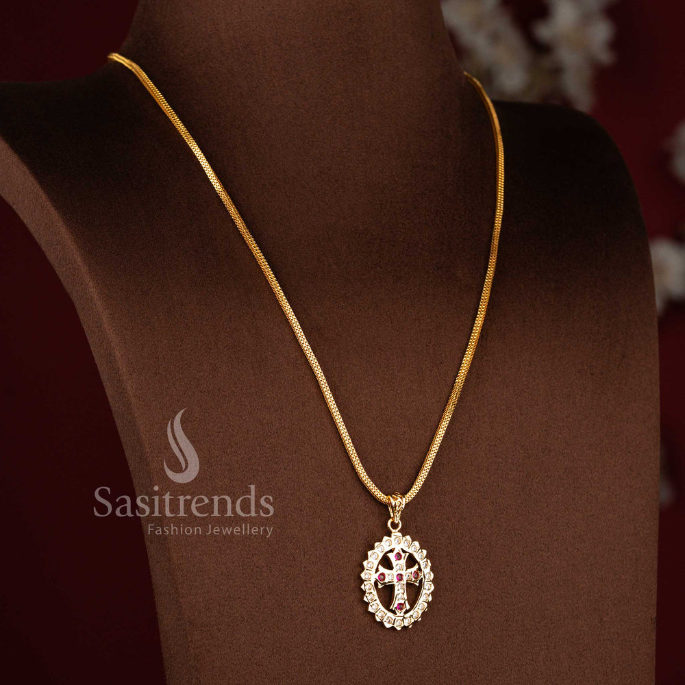 Impon Addigai Micro Gold Plated Christ Cross Pendant with Oval AD Stone Frame and Structured 24 Inch Box Chain | Traditional Devotional Jewellery - Sasitrends