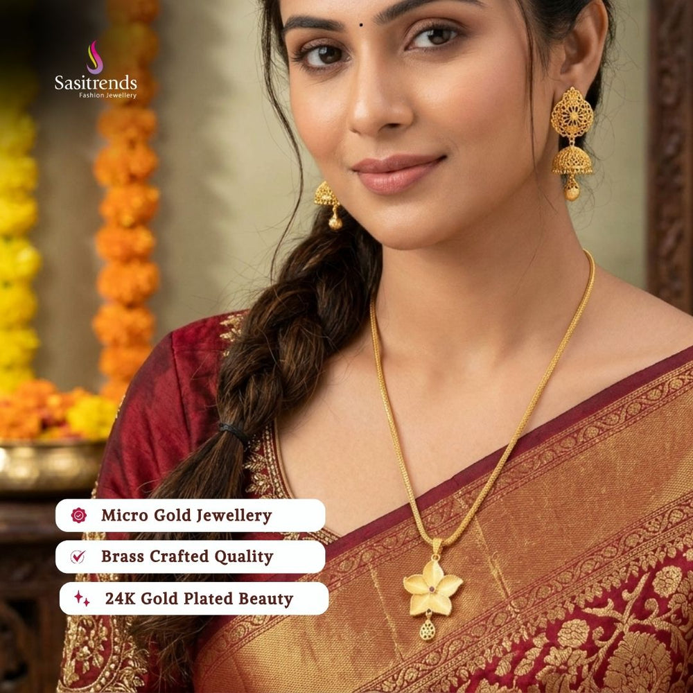 Guaranteed 24K Micro Gold Plated Textured Floral Motif Pendant Chain Necklace with Layered Petal Structure and Hanging Drop Element | Elegant Traditional Jewellery