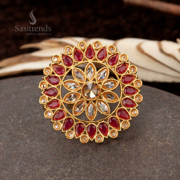 Gorgeous Antique Gold Plated Floral Stone Statement Ring - Sasitrends
