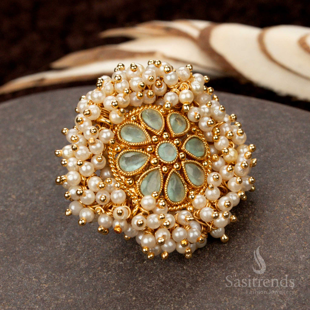 Sophisticated handcrafted antique gold-plated designer ring adorned with a mint-green American Diamond stone floral pearl cluster for a fresh, elegant look - Sasitrends