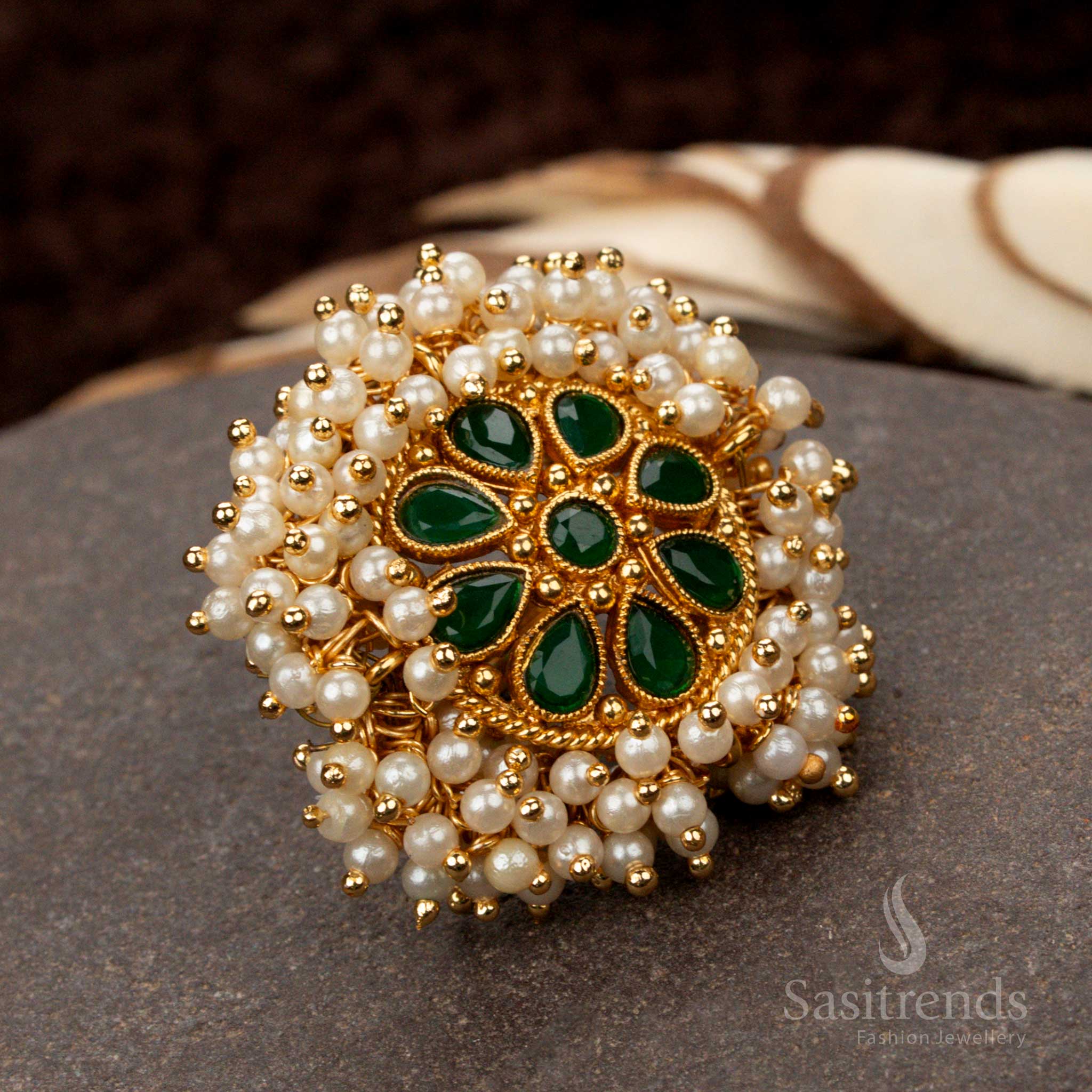 Stunning traditional statement ring featuring a vibrant green American Diamond stone in an antique gold-plated floral pearl cluster design, perfect for classic jewellery lovers - Sasitrends