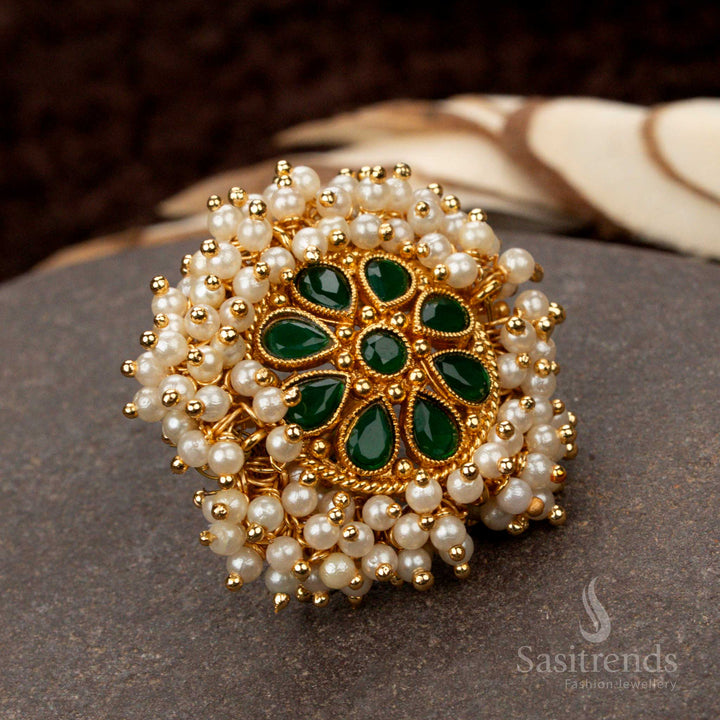 Stunning traditional statement ring featuring a vibrant green American Diamond stone in an antique gold-plated floral pearl cluster design, perfect for classic jewellery lovers - Sasitrends