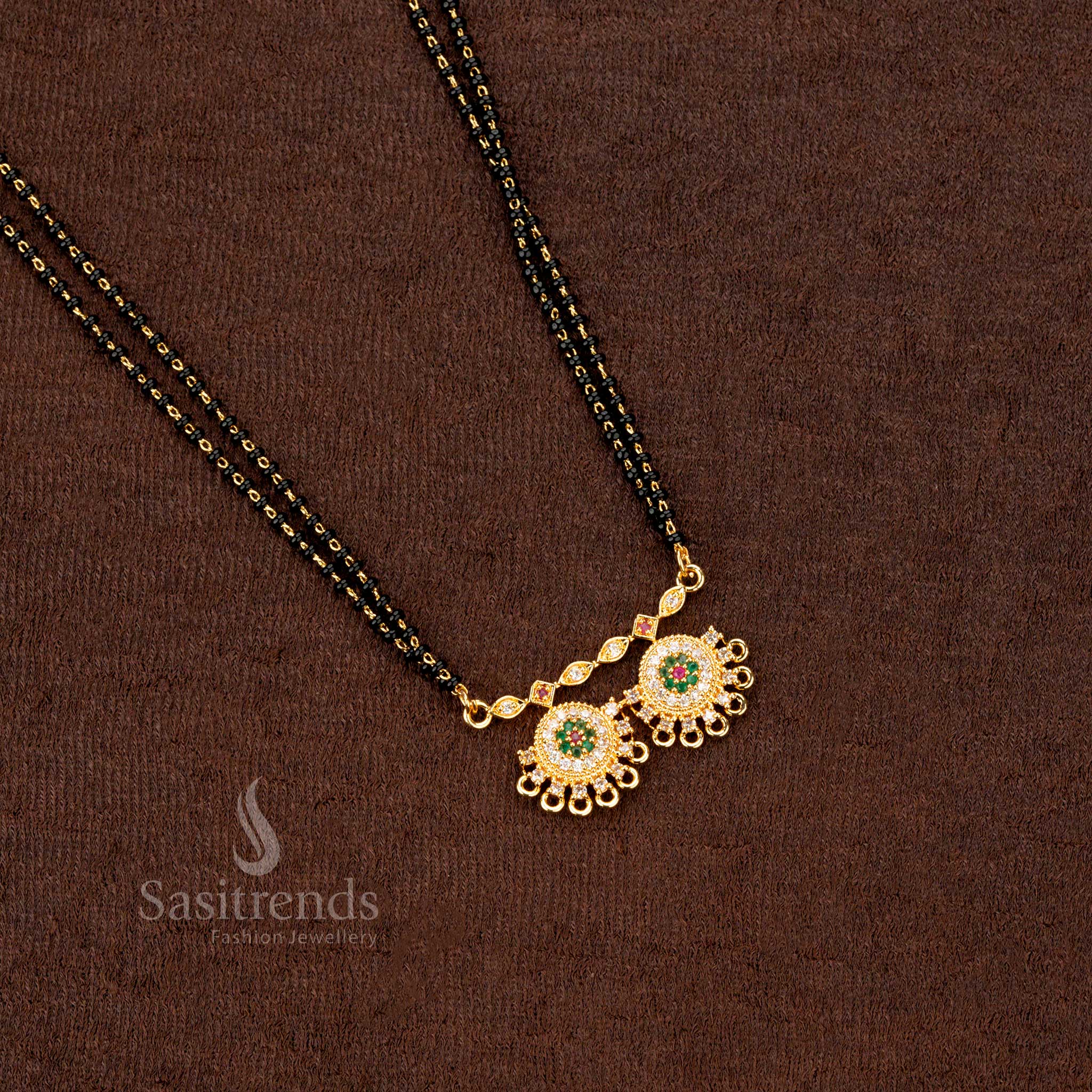  Gold Plated Black Beads Mangalsutra featuring a Dual Circular Motif Pendant with Multi-Color Stones, designed for Traditional and Festive Jewellery Lovers - Sasitrends