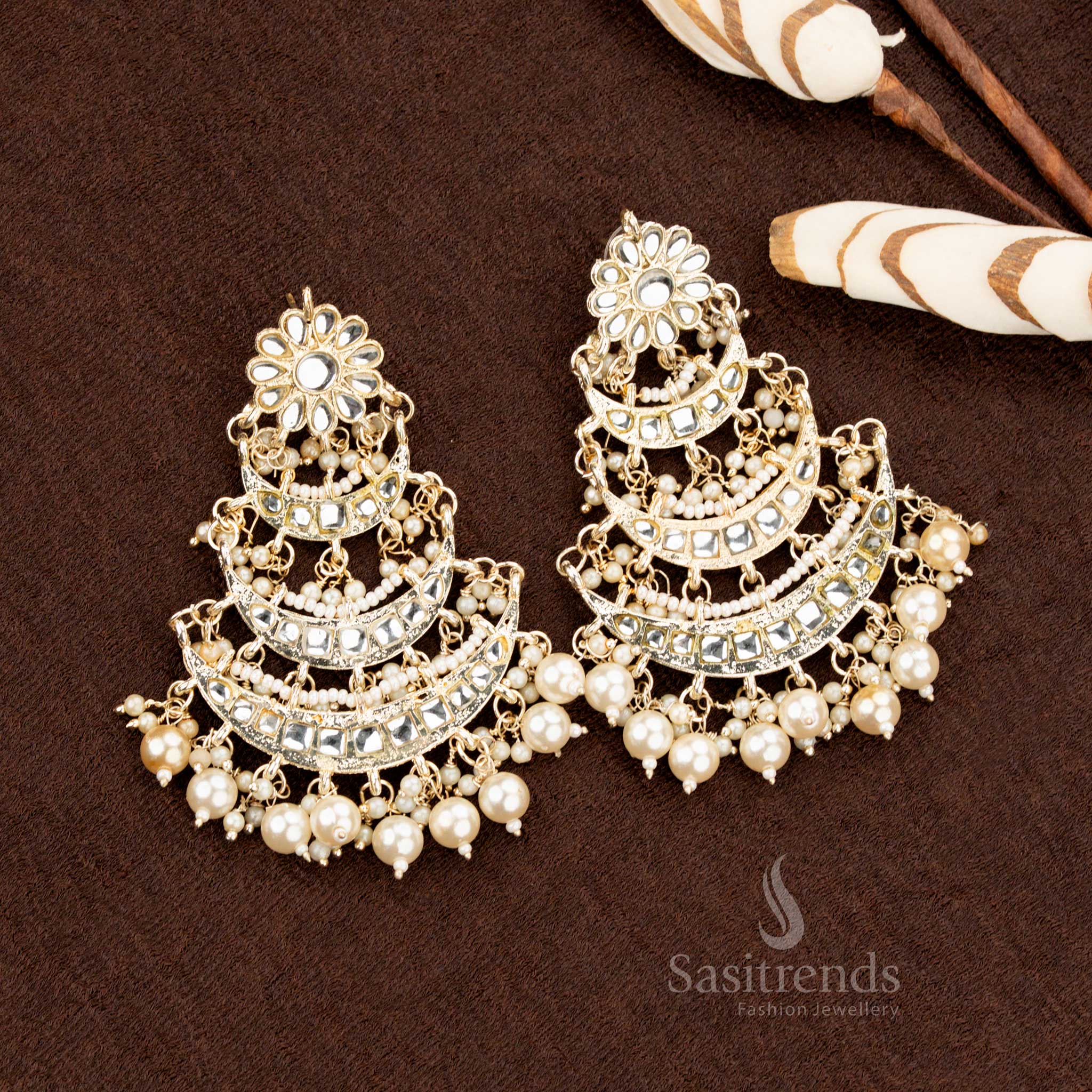 Festive gold plated maang tikka and pearl earrings set with crescent structure  - Sasitrends
