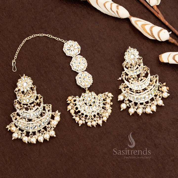 Stunning Gold Plated Bridal Earrings and Maang Tikka Set with Pearl Drops and Stone Detailing - Sasitrends