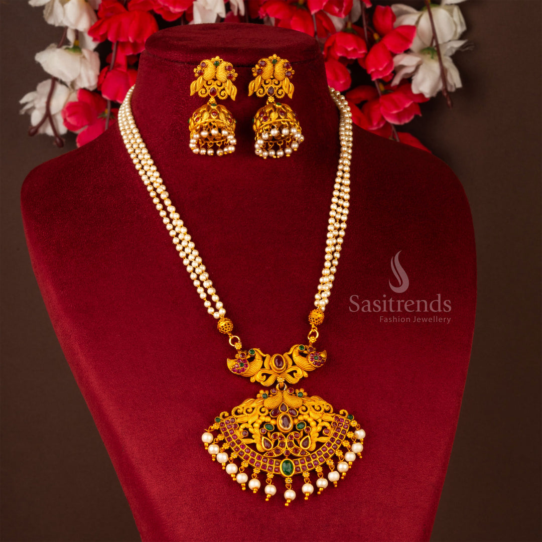 Classic Temple Wear Matte Gold Plated Three Line Pearl Mala Jewellery Set Online - Sasitrends