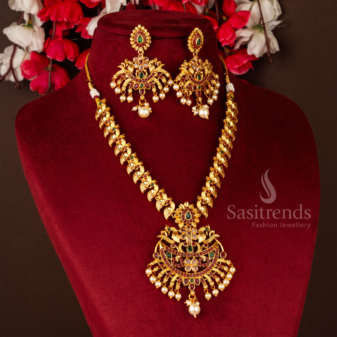 Classic Temple Wear Matt Gold Peacock With Floral Pattern Short Necklace Jewellery Set - Sasitrends