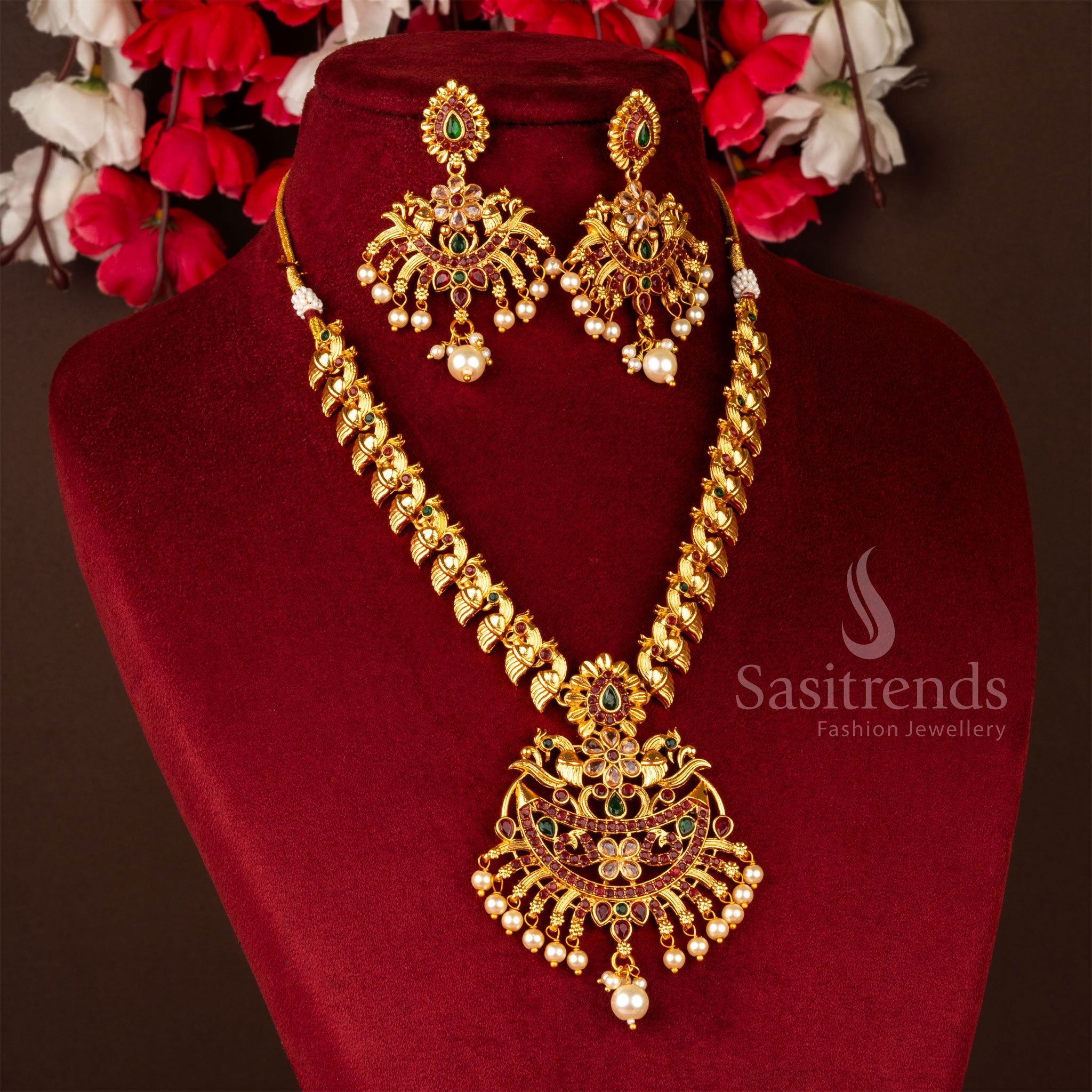 Classic Temple Wear Matt Gold Peacock With Floral Pattern Short Necklace Jewellery Set - Sasitrends