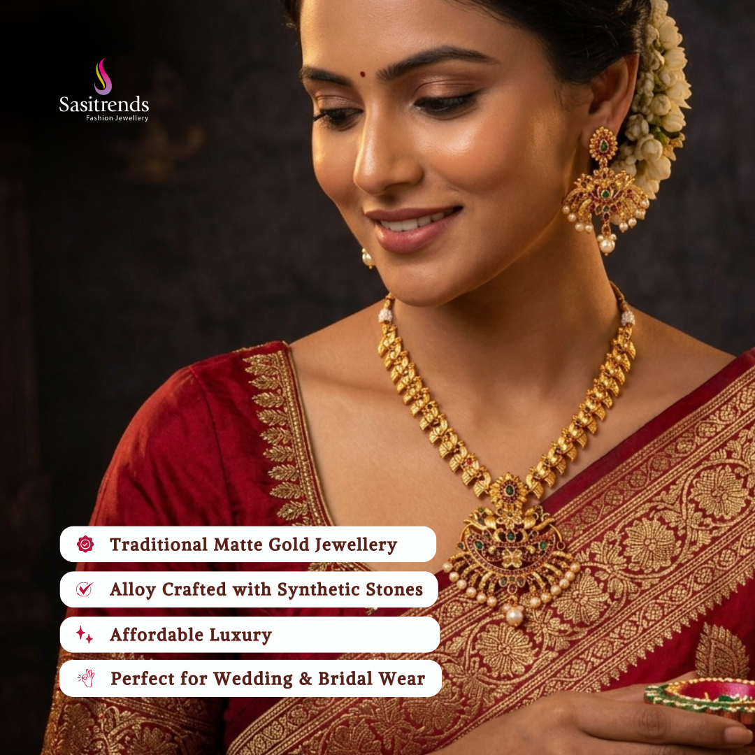 Affordable classic temple matte gold plated wedding wear necklace set - Sasitrends