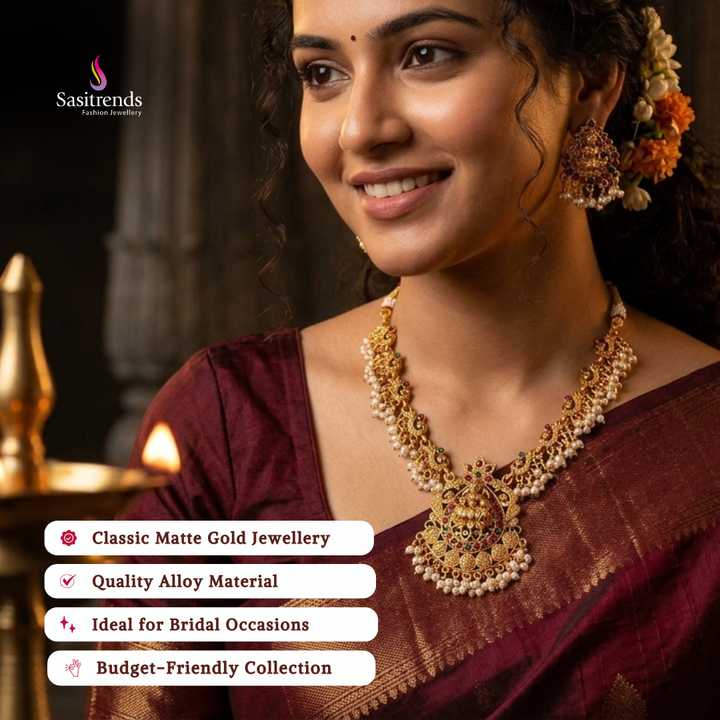 Affordable classic temple matte gold plated wedding wear necklace set - Sasitrends