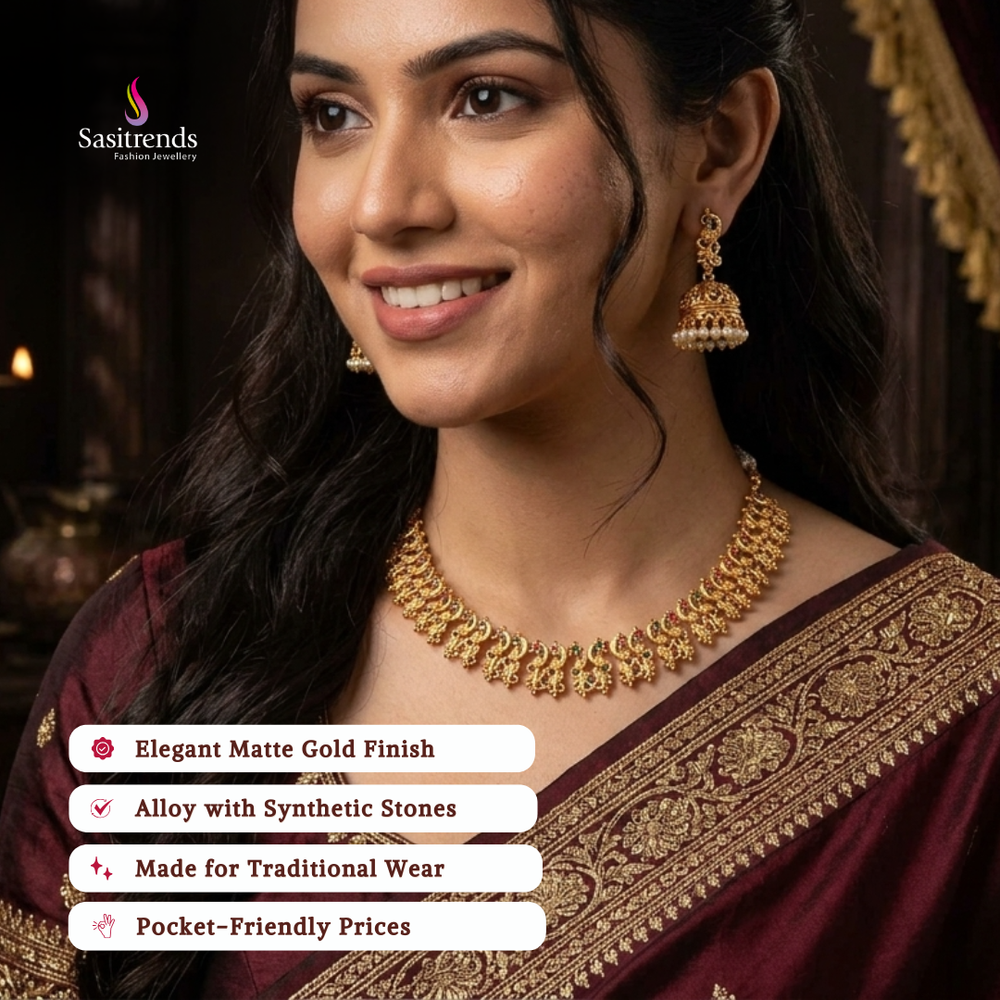 Affordable classic temple matte gold plated wedding wear necklace set - Sasitrends
