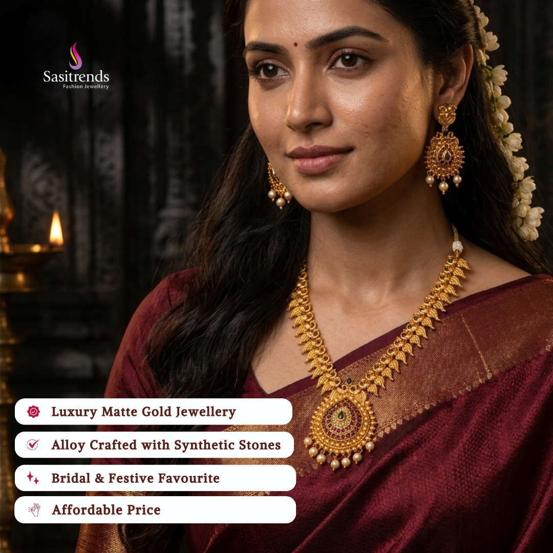 Affordable classic temple matte gold plated wedding wear necklace set - Sasitrends