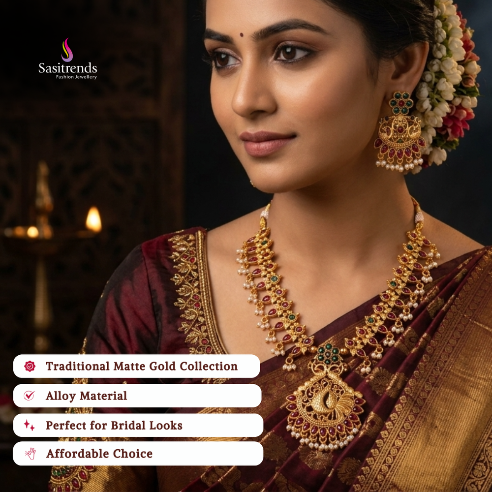 Affordable classic temple matte gold plated wedding wear necklace set - Sasitrends