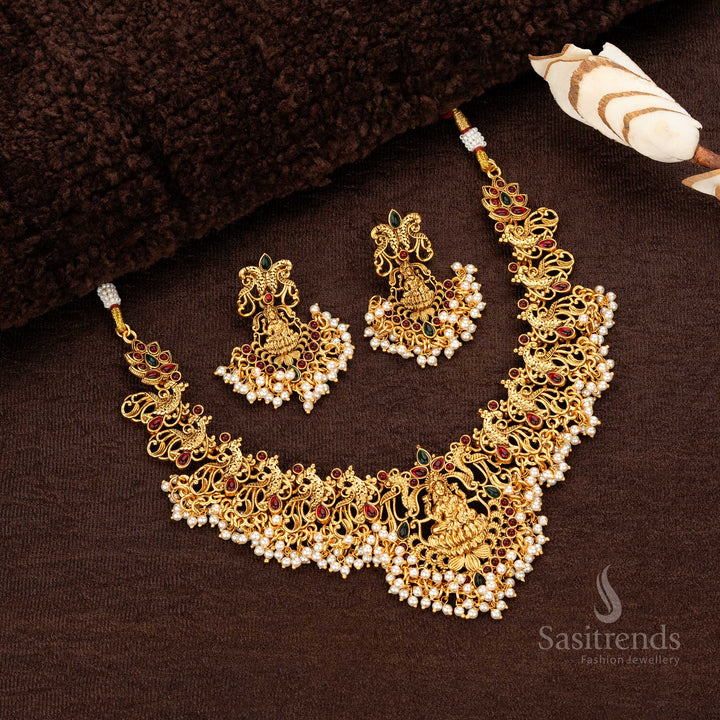 Sasitrends | Classic Traditional Matte Gold Plated Divine Lakshmi Peacock Pearl Temple Necklace Jewellery Set – Nagas Collection