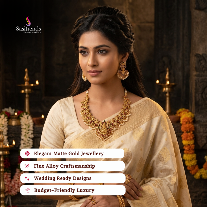 Affordable classic temple matte gold plated wedding wear necklace set - Sasitrends