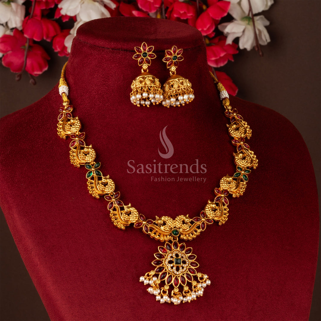 Traditional Matte Gold-Plated Peacock and Floral Pattern Necklace Jewellery Set - Sasitrends