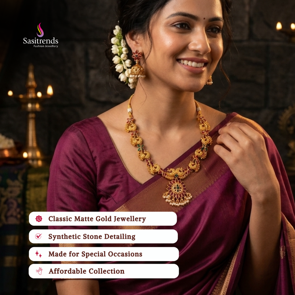 Affordable classic temple matte gold plated wedding wear necklace set - Sasitrends