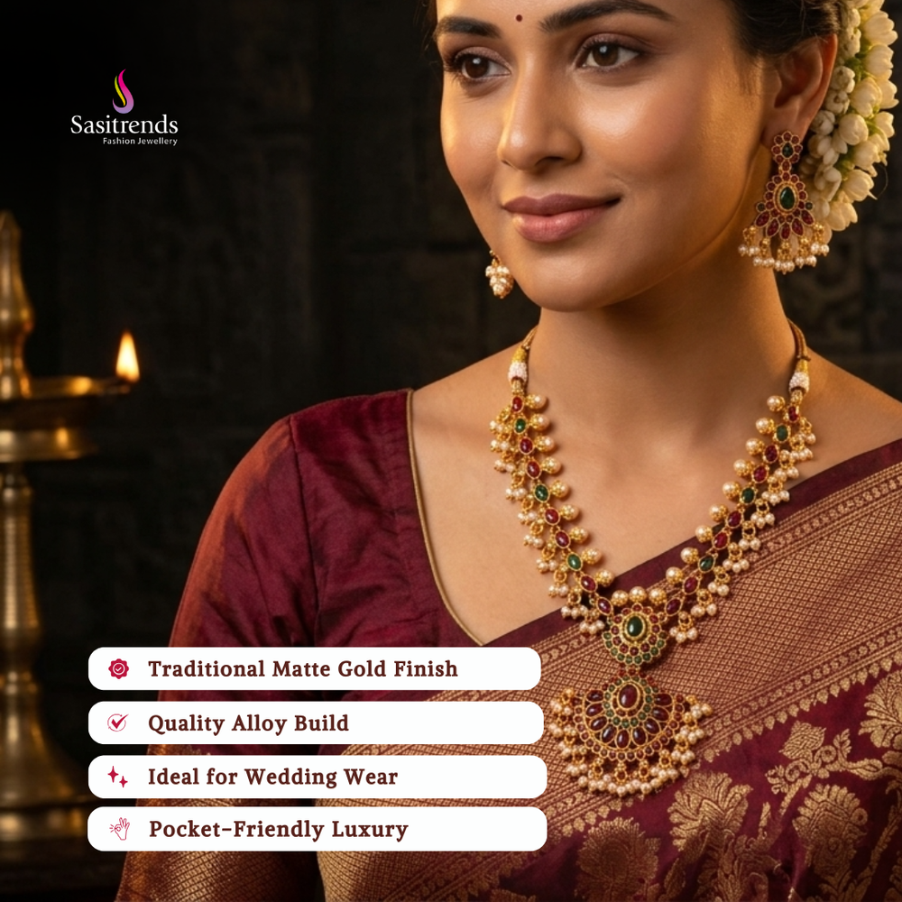 Affordable classic temple matte gold plated wedding wear necklace set - Sasitrends
