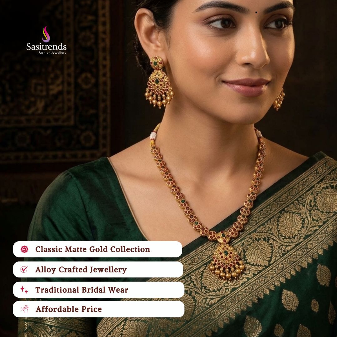 Affordable classic temple matte gold plated wedding wear necklace set - Sasitrends