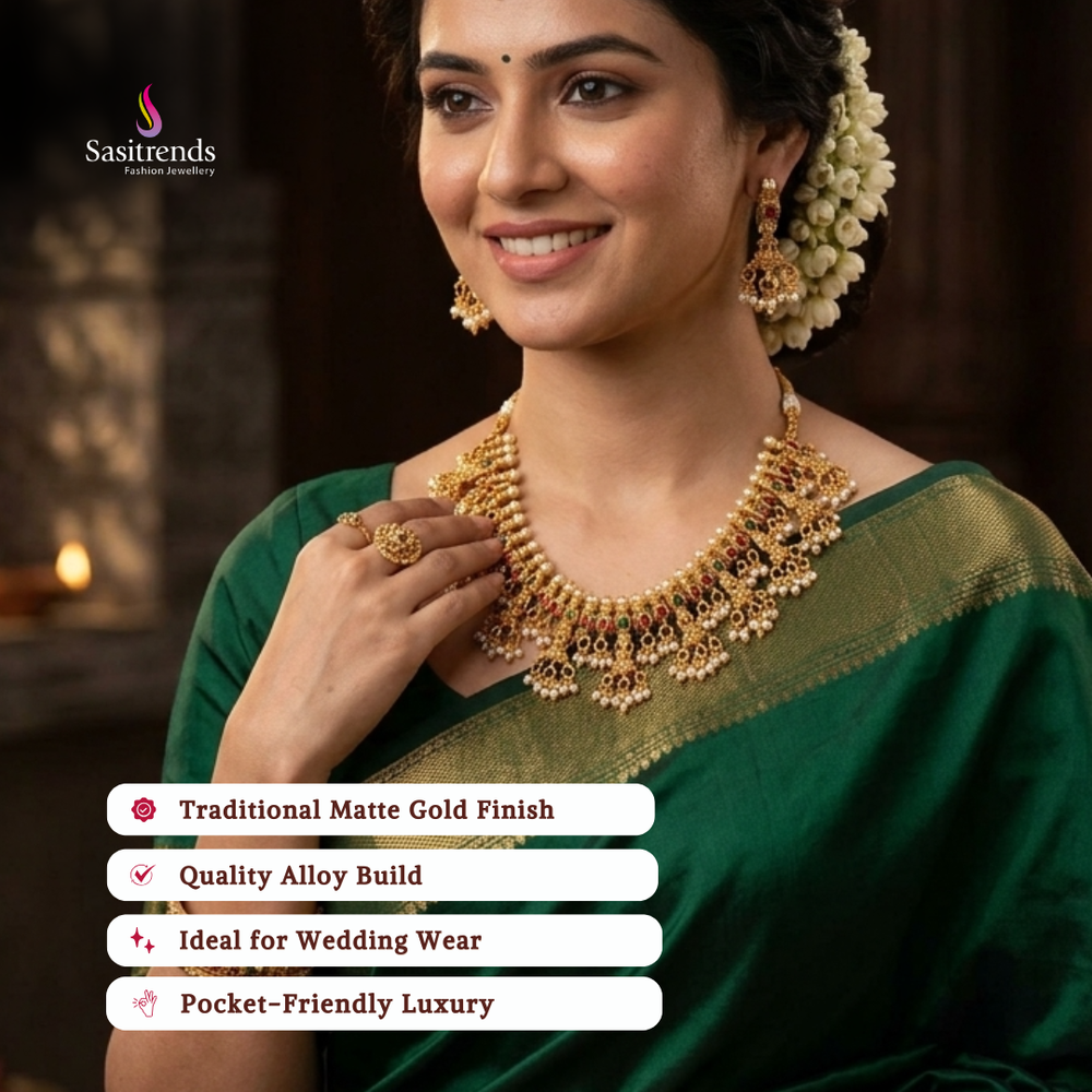 Affordable classic temple matte gold plated wedding wear necklace set - Sasitrends