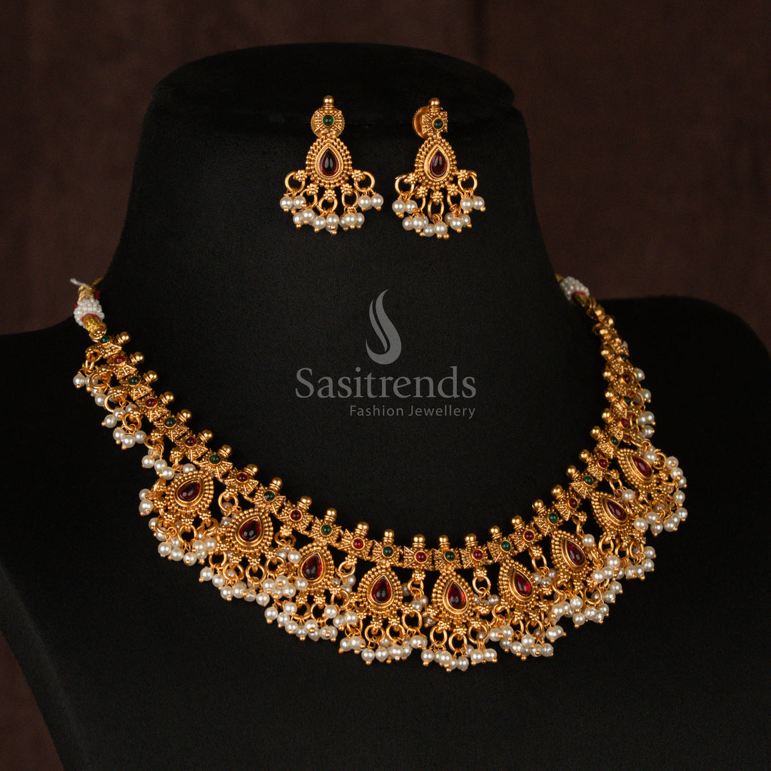 Traditional matte gold temple necklace with teardrop stones and pearl accents - Sasitrends