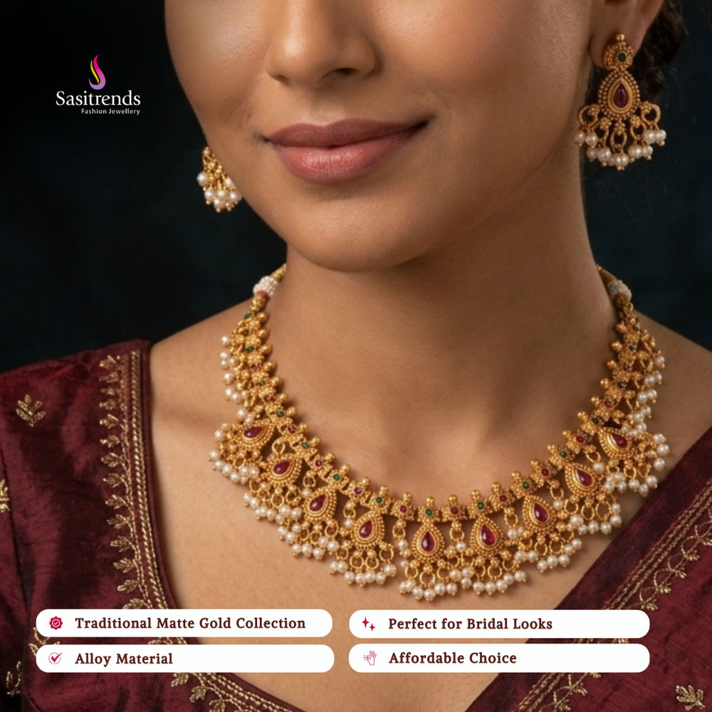 Affordable classic temple matte gold plated wedding wear necklace set - Sasitrends