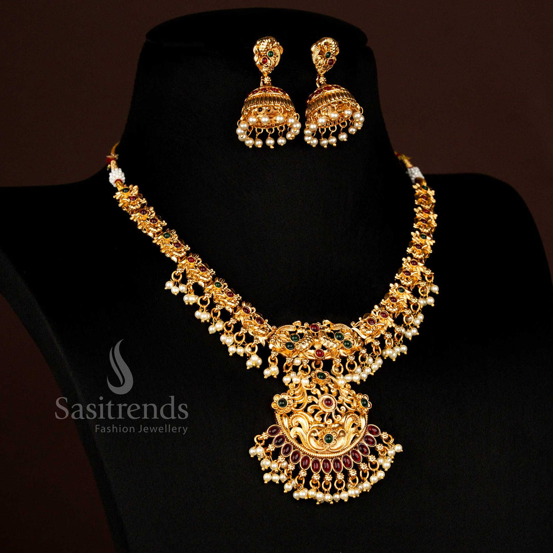 Classic peacock floral matte gold plated necklace with dome jhumkas Sasitrends